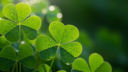 Close up of fresh green shamrock leaves with soft blurred dark background, natural spring foliage perfect for nature, holiday, and botanical themes