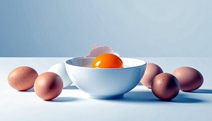 A still life composition featuring several whole eggs and one cracked egg with its yolk visible in a white bowl.