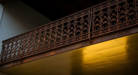 An ornate metal balcony railing with intricate patterns extends along the edge of a building, illuminated by warm yellow lighting from below, creating a decorative architectural detail