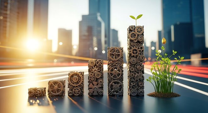 Gear Stacks Forming Growth Chart with Cityscape and Sun Flare business finance - Powered by Adobe