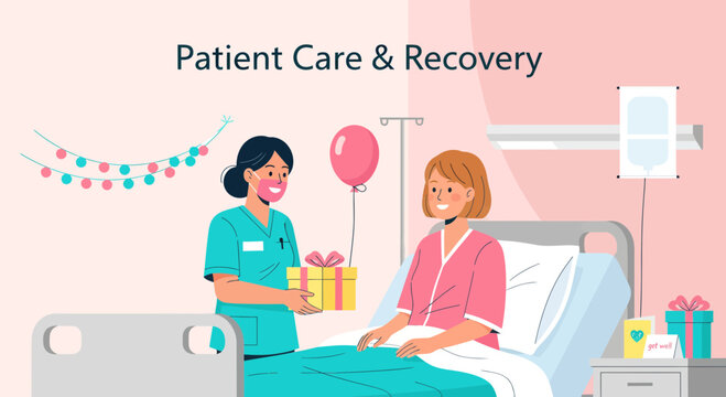 Hospitalized Patient Receiving Gifts During Treatment and Positive Recovery Process - Powered by Adobe