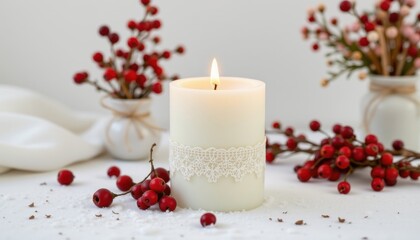 ultra sharp product shot of a pillar candle (material: porcelain), minimalist modern, snow dusted finish, embellished with lace trim, displayed on seamless white backdrop