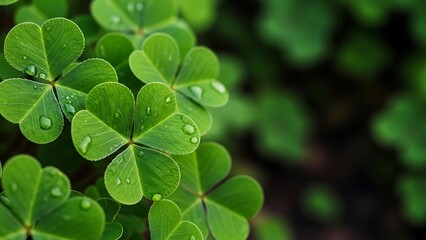 Close up of fresh green shamrock leaves with soft blurred dark background, natural spring foliage perfect for nature, holiday, and botanical themes