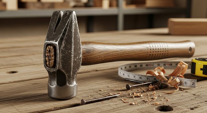 Hammer Nails and Measuring Tape on a Wooden Workbench - Powered by Adobe