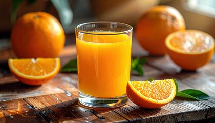 A refreshing glass of vibrant orange juice is presented on a rustic wooden surface, accompanied by whole and halved oranges and fresh green leaves.