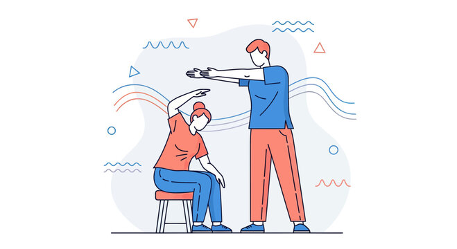 Illustrated Physical Therapy Session Depicting Medical Aide Guiding a Sitting Person