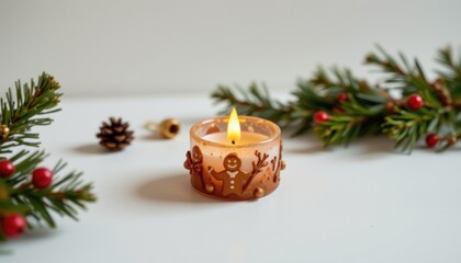 clean white background, minimal shadow: battery tea light with copper filament led, festive holiday themed design, made of venetian glass, complemented by accented with brass bells