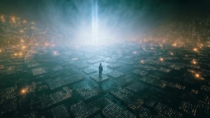 Futuristic city grid glowing at night — sci‑fi landscape, big data network and digital transformation vision - Powered by Adobe