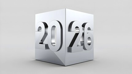 A Striking New 3D  of a Large, Metallic Silver Cube Slightly Tilted, with the Etched Numbers 2026 Representing the Future and Innovation.