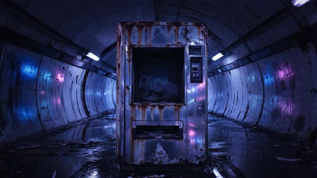 Rusty vending machine in tunnel with blue lights, decay and urban exploration.