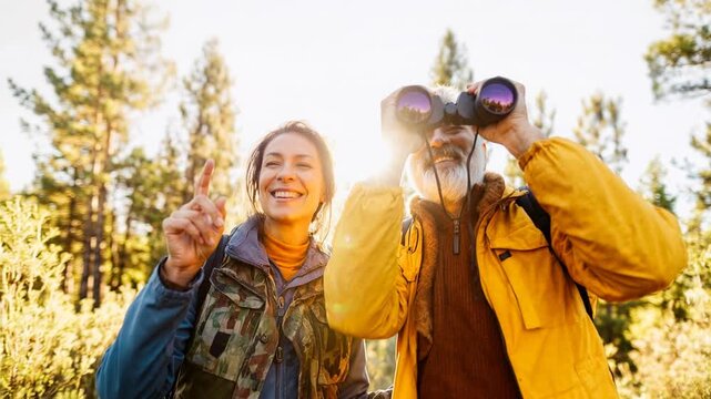 Happy travelers with binoculars in the forest — outdoor exploration, friendship and weekend nature trip