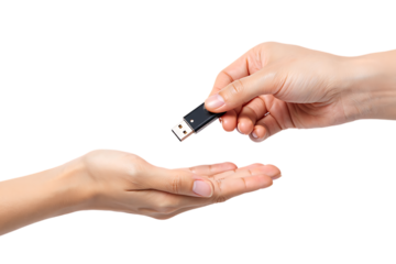 Hand passing a usb flash drive to another hand isolated on transparent background