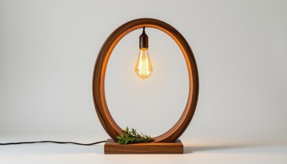 ultra sharp product shot of a arc floor lamp (material: reclaimed wood), handcrafted artisanal, copper filament led, paired with a sprig of rosemary, displayed on seamless white backdrop