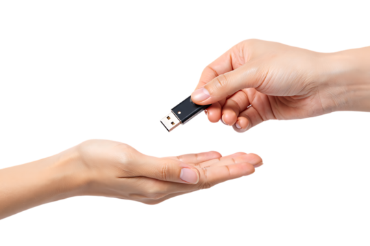 Hand passing a usb flash drive to another hand isolated on transparent background
