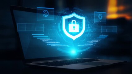 cyber security laptop with glowing holo interface above keys in dark scene in motion
 - Powered by Adobe