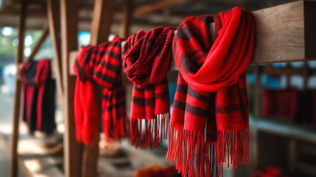 Naga shawls displayed at market, bold red-black patterns, India, Nagaland, textiles, market, culture, tradition, craft, fashion, color, with copy space