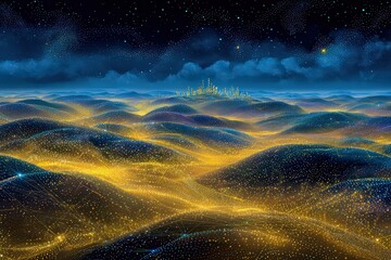 Abstract Golden Nodes Forming Interconnected Network with Stars in Dark Blue Sky