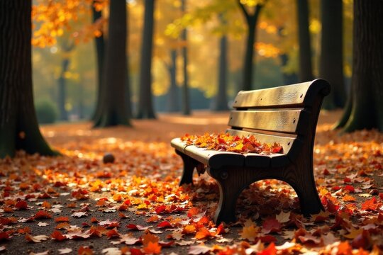 A weathered wooden bench in an autumnal forest, surrounded by vibrant fallen leaves and shafts of dappled sunlight. An empty, weathered wooden park bench sits nestled amongst tall trees in a vibrant - Powered by Adobe