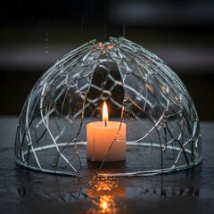 A small candle inside a broken glass dome with water droplets on the surface creating a reflective scene