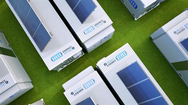 Alternative energy concept with 3d rendering group of energy storage systems or battery container units with solar panels top view 4k footage