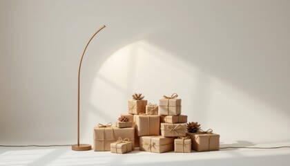high resolution isolated image: a zen meditative arc floor lamp made of stoneware with sustainable soy blend and resting on a pile of wrapped gifts