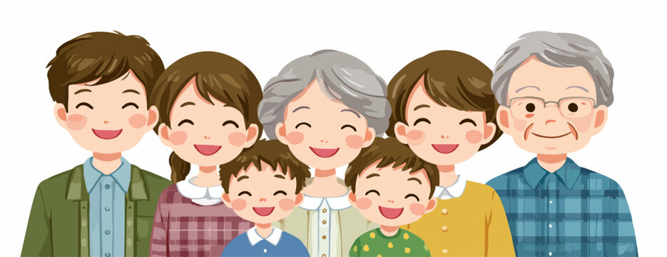Ilustraci&oacute;n vectorial de una familia multigeneracional japonesa sonriente y unida sobre fondo blanco.