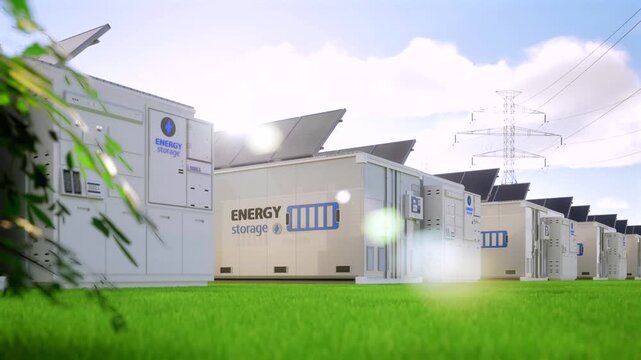 Alternative energy concept with 3d rendering group of energy storage systems or battery container units with various sources of energy 4k footage