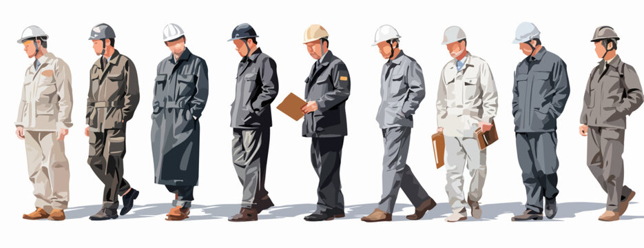 Grupo de trabajadores de la construcci&oacute;n o ingenieros con uniformes y cascos de seguridad caminando en fila