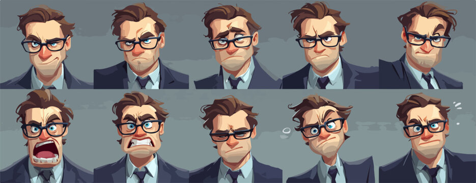 Colecci&oacute;n de expresiones faciales de un hombre de negocios con gafas, enfadado y frustrado, ilustraci&oacute;n vectorial.