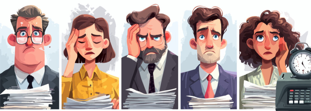 Grupo de empleados de oficina estresados y agotados con pilas de trabajo y un reloj de alarma.