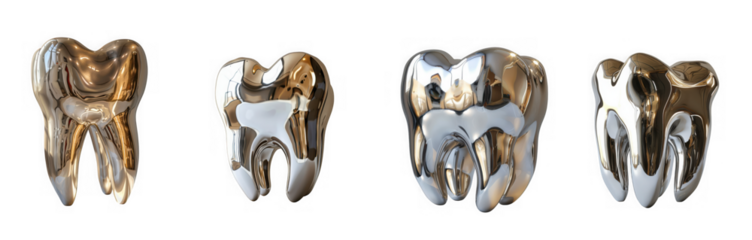Four metallic teeth isolated on transparent background, representing dental health and restoration options