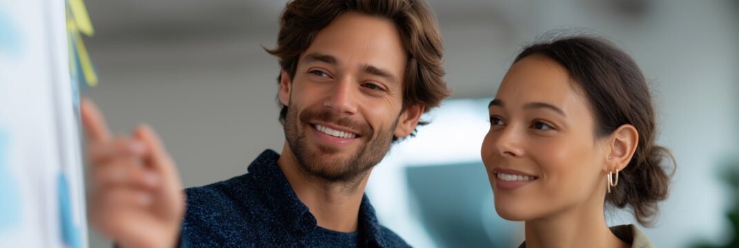 Caucasian male and hispanic female adults collaborating on a creative project