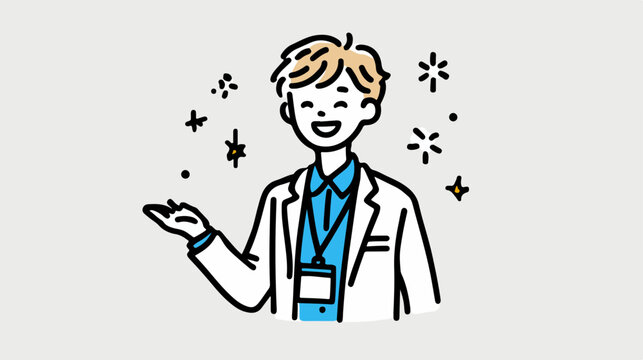 Vector de personaje sonriente con bata blanca presentando algo con destellos de &eacute;xito y confianza.