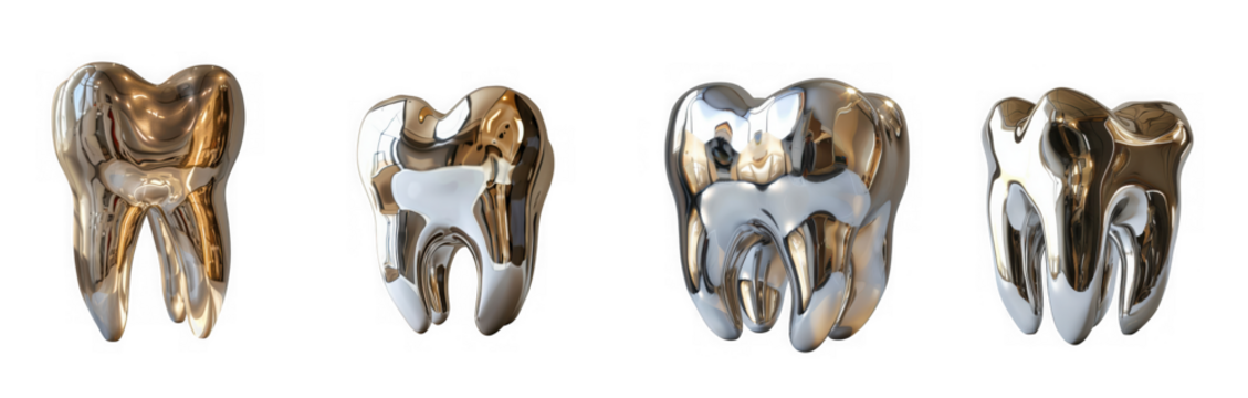 Four metallic teeth isolated on transparent background, representing dental health and restoration options - Powered by Adobe