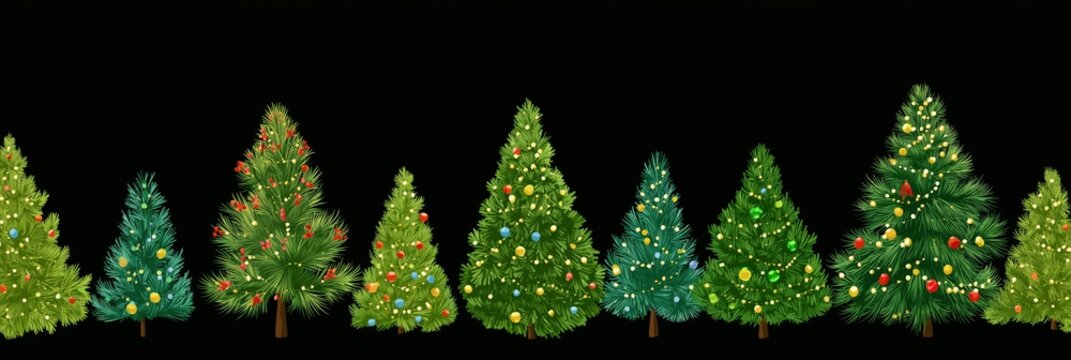 Row of ornamented christmas trees on black background