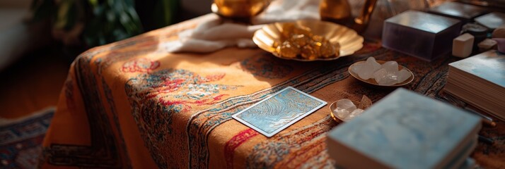 Tarot card reading setup with crystals on a patterned tablecloth and golden dishes