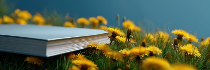 Closed book in a field of blooming yellow flowers with blue background