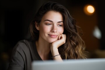 Caucasian young female working on laptop with a thoughtful smile indoors