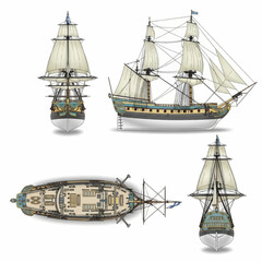 Naklejka premium Detailed Views of a Classic Sailing Ship Frigate Historical Naval Vessel Illustration