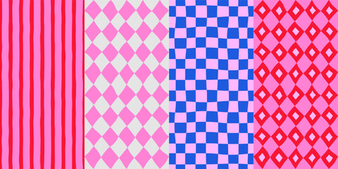 Set of seamless modern simple minimalist vertical bright colorful patterns, striped, checkered, and diamond backgrounds; blue and pink colors; hand-drawn vector illustration, drawing, flat style