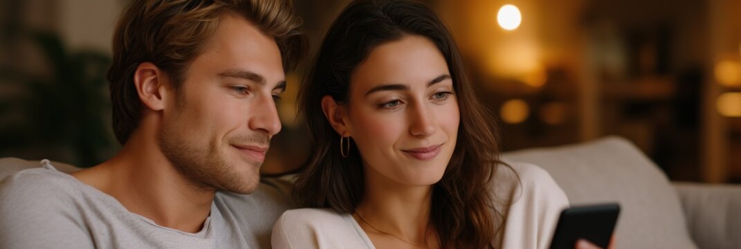 Young caucasian couple relaxing on couch using smartphone in cozy living room