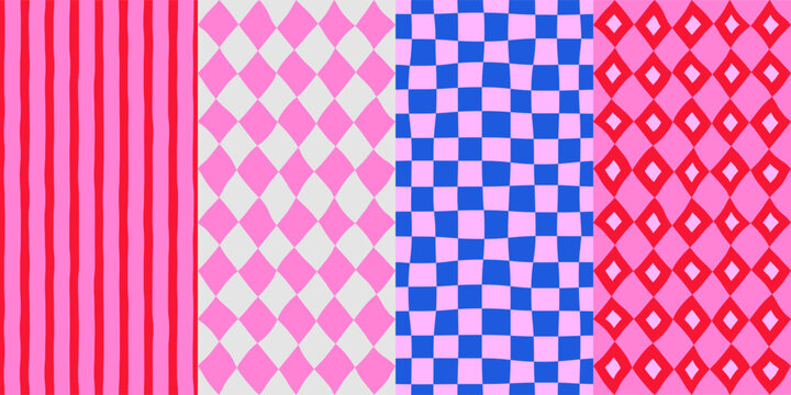 Set of seamless modern simple minimalist vertical bright colorful patterns, striped, checkered, and diamond backgrounds; blue and pink colors; hand-drawn vector illustration, drawing, flat style