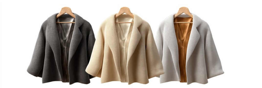 Three cozy wool coats on hangers in black, beige, and gray for winter fashion
