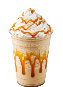 Caramel frappuccino with whipped cream and caramel drizzle transparent background cutout png