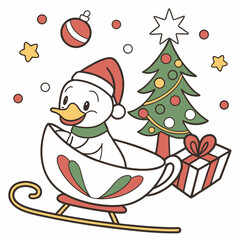 Joyful Duck with sitting in a teacup ride, set in a charming Christmas theme – Festive Cheer color vector art