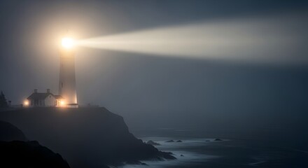 A lighthouse on a rocky coastline emitting a powerful beam of light into the foggy night sky, guiding ships safely through the dark waters