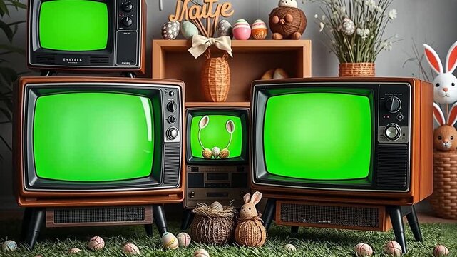 Multiple retro television sets with green screens in an Easter setting. Vintage TVs with chroma key displays for holiday mockups. Nostalgic technology and spring celebration concept