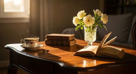 A cozy indoor scene featuring a wooden table with a vase of fresh flowers, an open book, a teacup, and a stack of books illuminated by warm sunlight streaming through a window