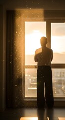 A silhouette of a person standing in front of a large window during sunset, creating a dramatic and contemplative atmosphere inside a modern building