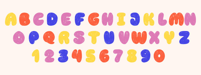 Playful crayon alphabet and numbers set. Colorful kids font with chalk and pencil texture. Childish cute scribbles.